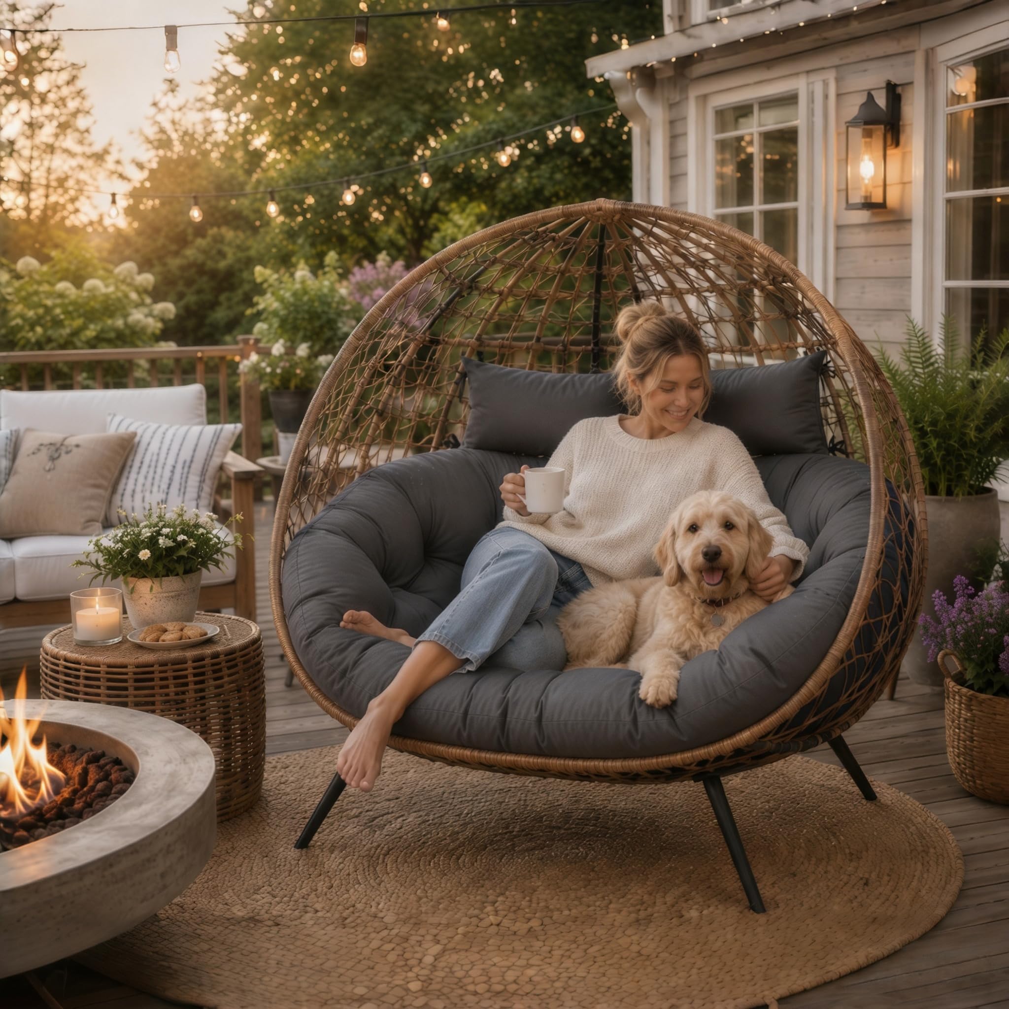 boyspringg lifestyle scene on balcony with couple enjoying cushioned swing