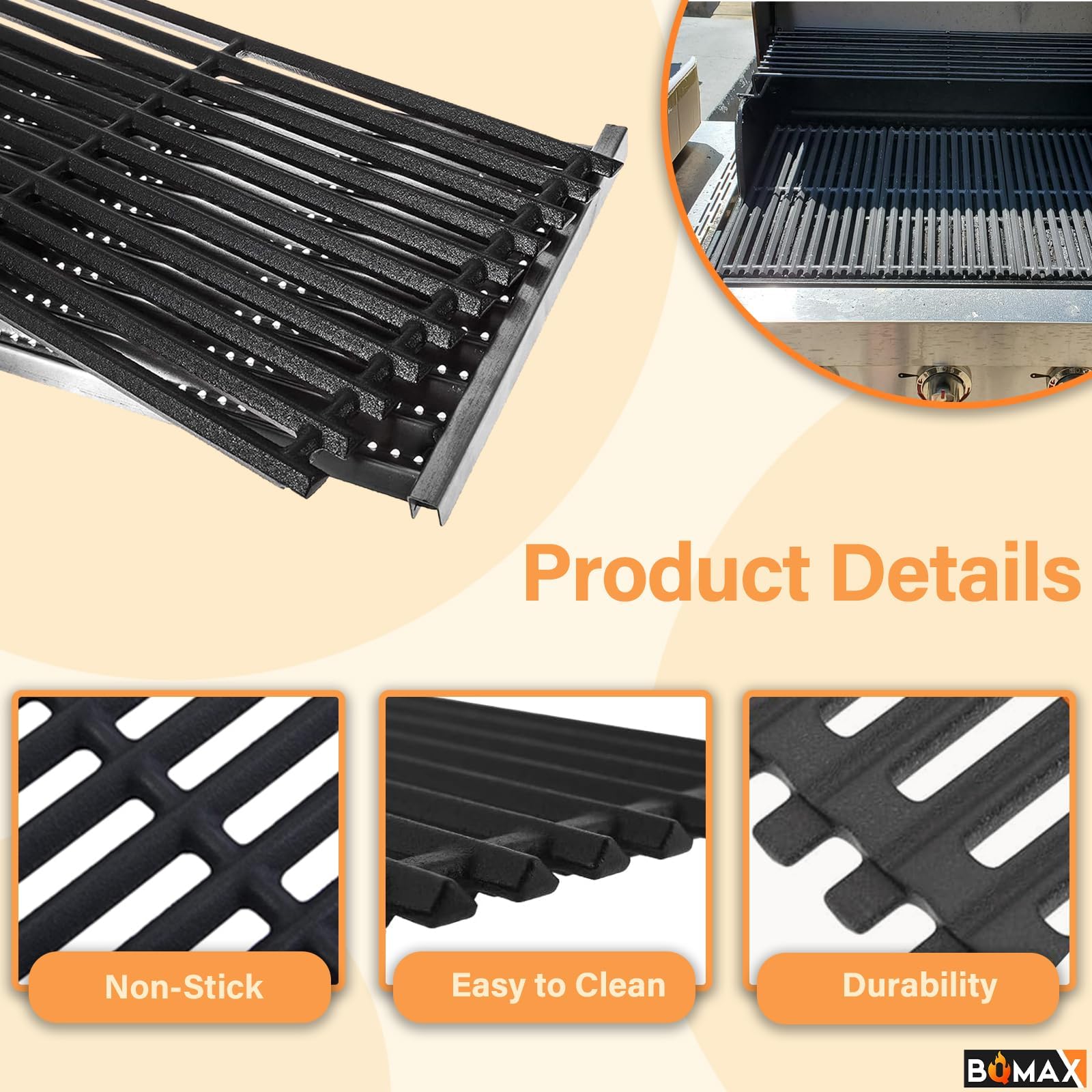 BQMAX grates on grill with food showing better sear and fewer flare-ups