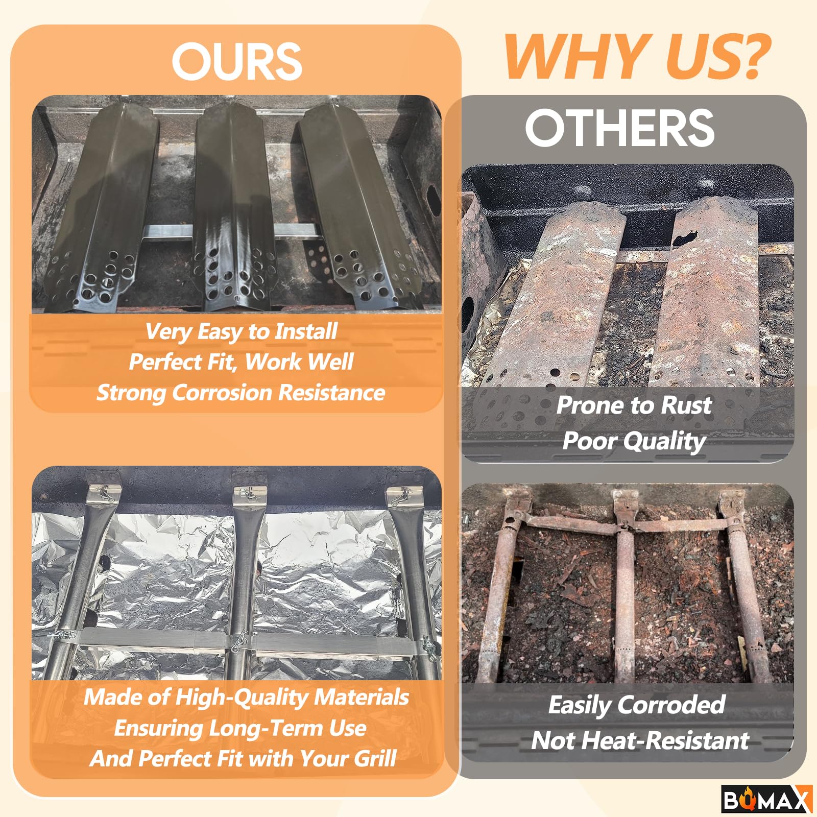 BQMAX kit installed in a three-burner Charbroil grill restores even heat across grates