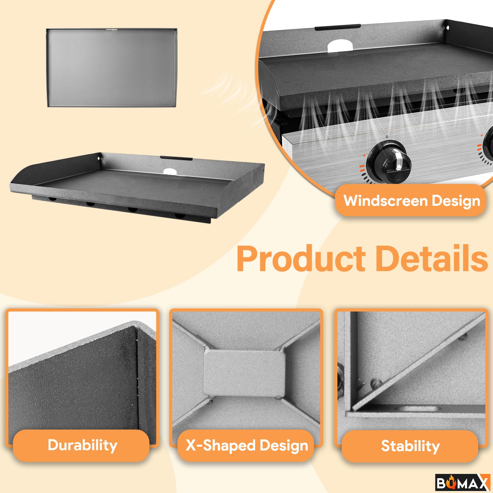 BQMAX wind-blocking side panels detail reducing flame disturbance and delivering even heat