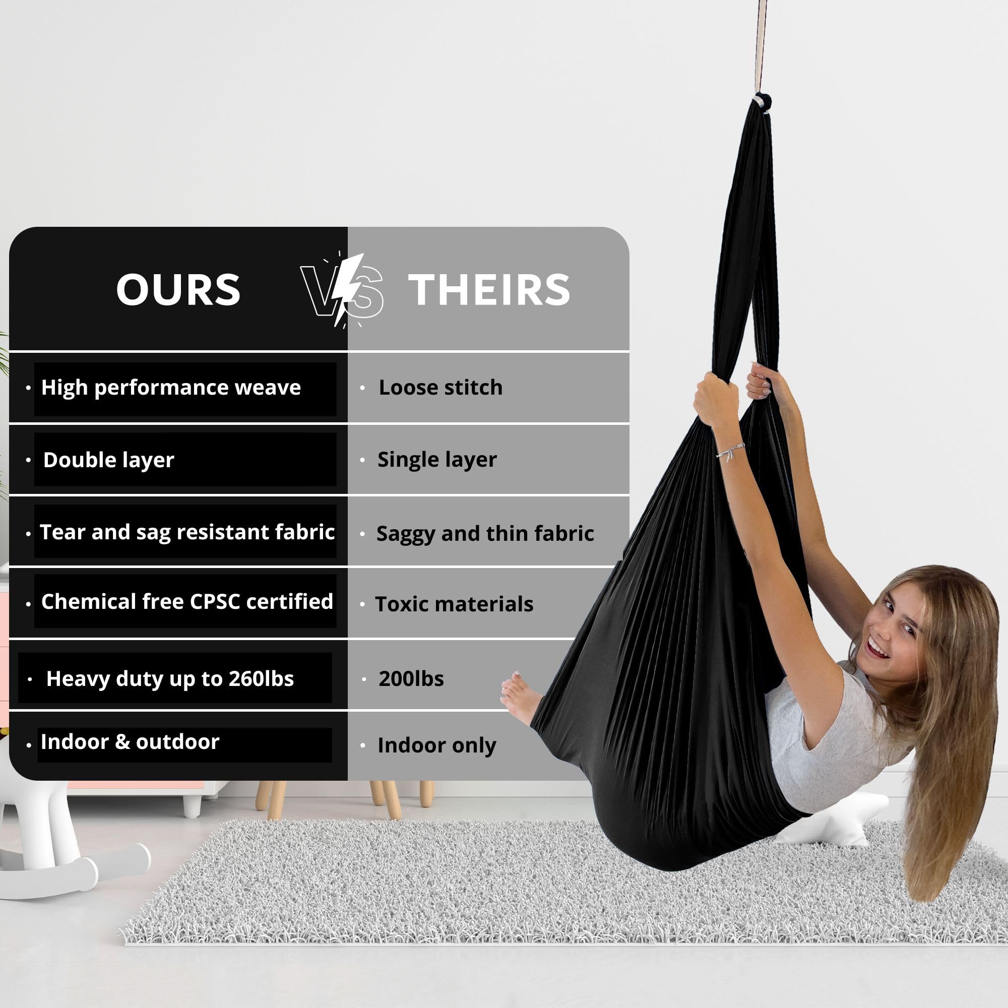 Bradoro adult using swing demonstrating support and relaxation benefit