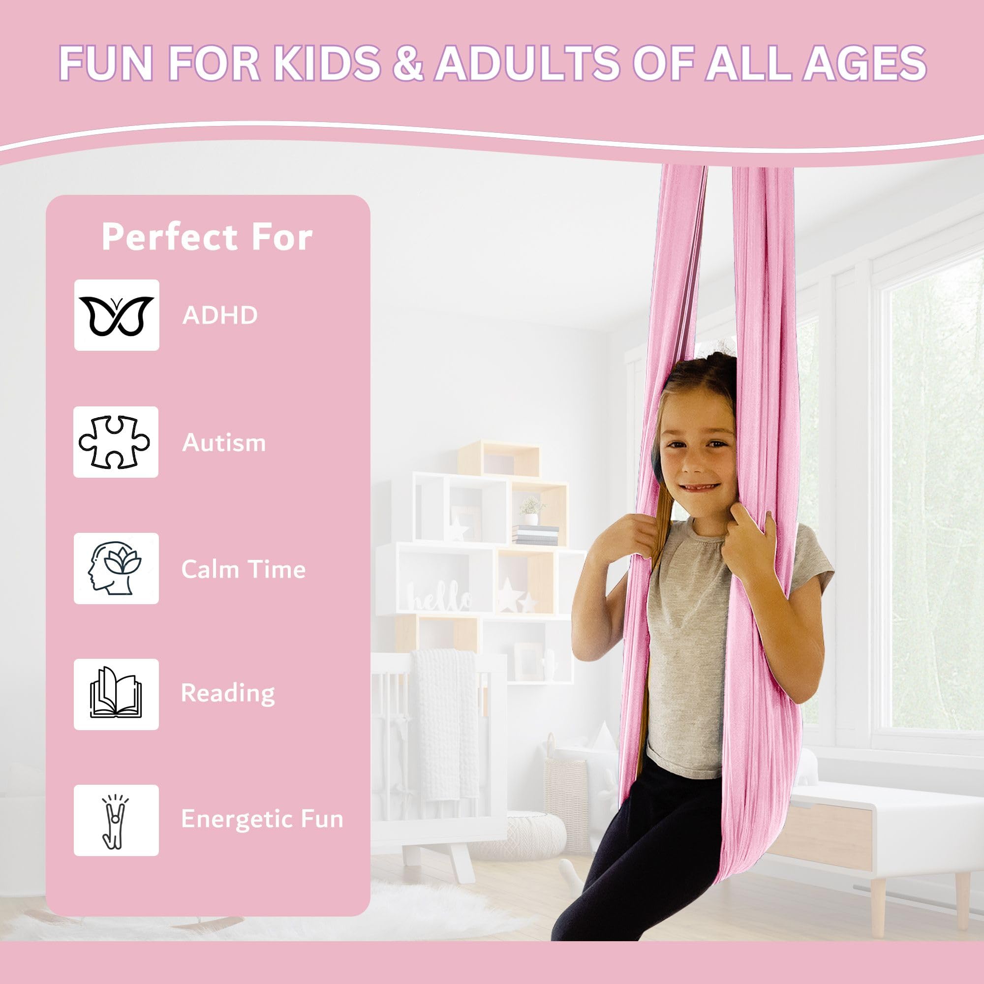 Bradoro child sitting in swing indoors demonstrating calming use