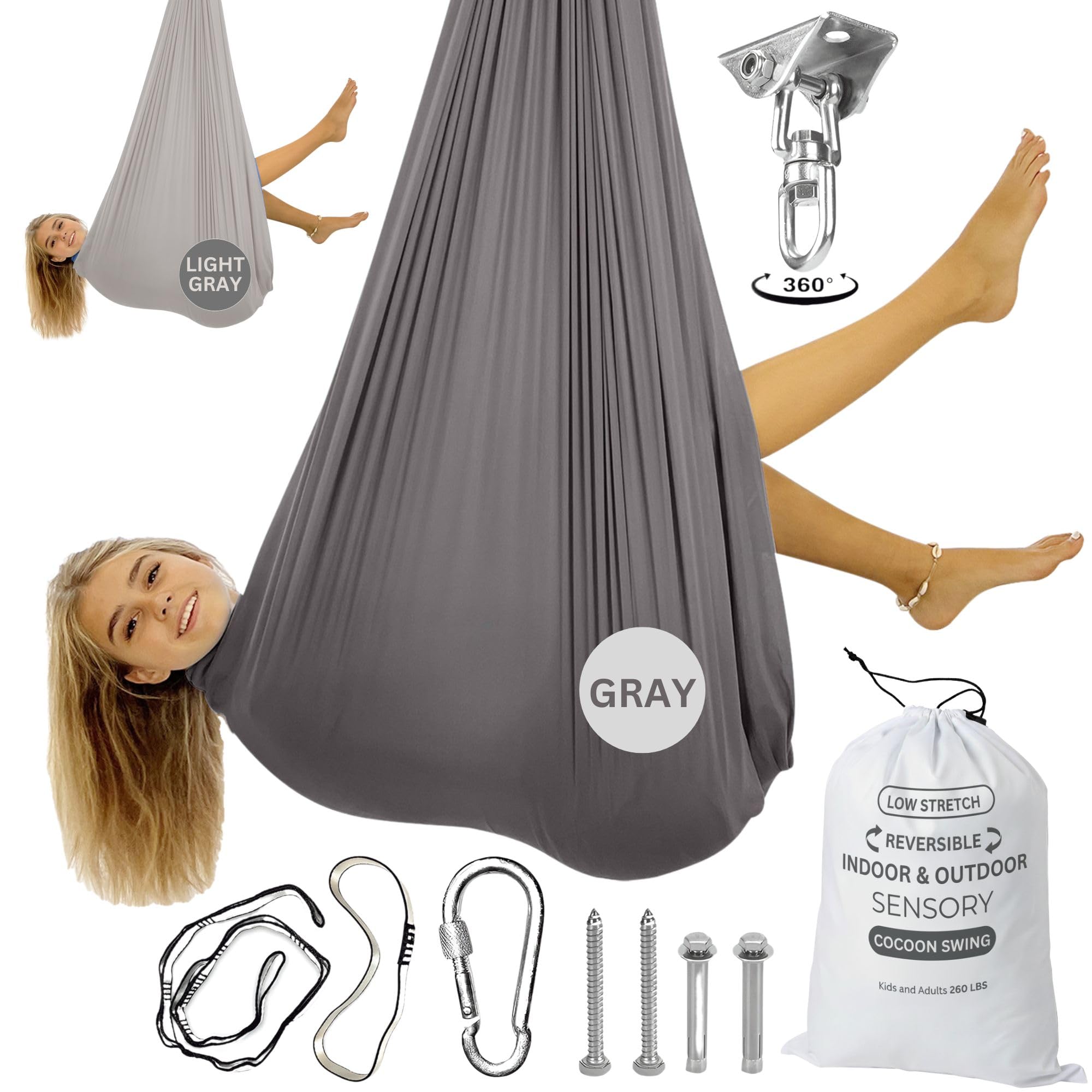 Bradoro front view of reversible sensory swing showing cozy cocoon benefit