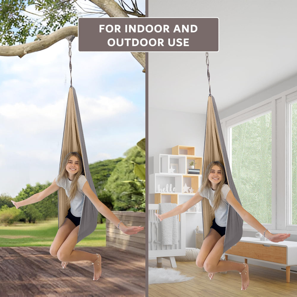 Bradoro adult seated inside cocoon swing demonstrating supportive pressure
