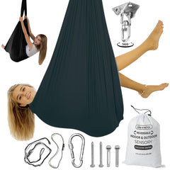 Bradoro front view of sensory swing showing cocoon shape and cozy seat benefit