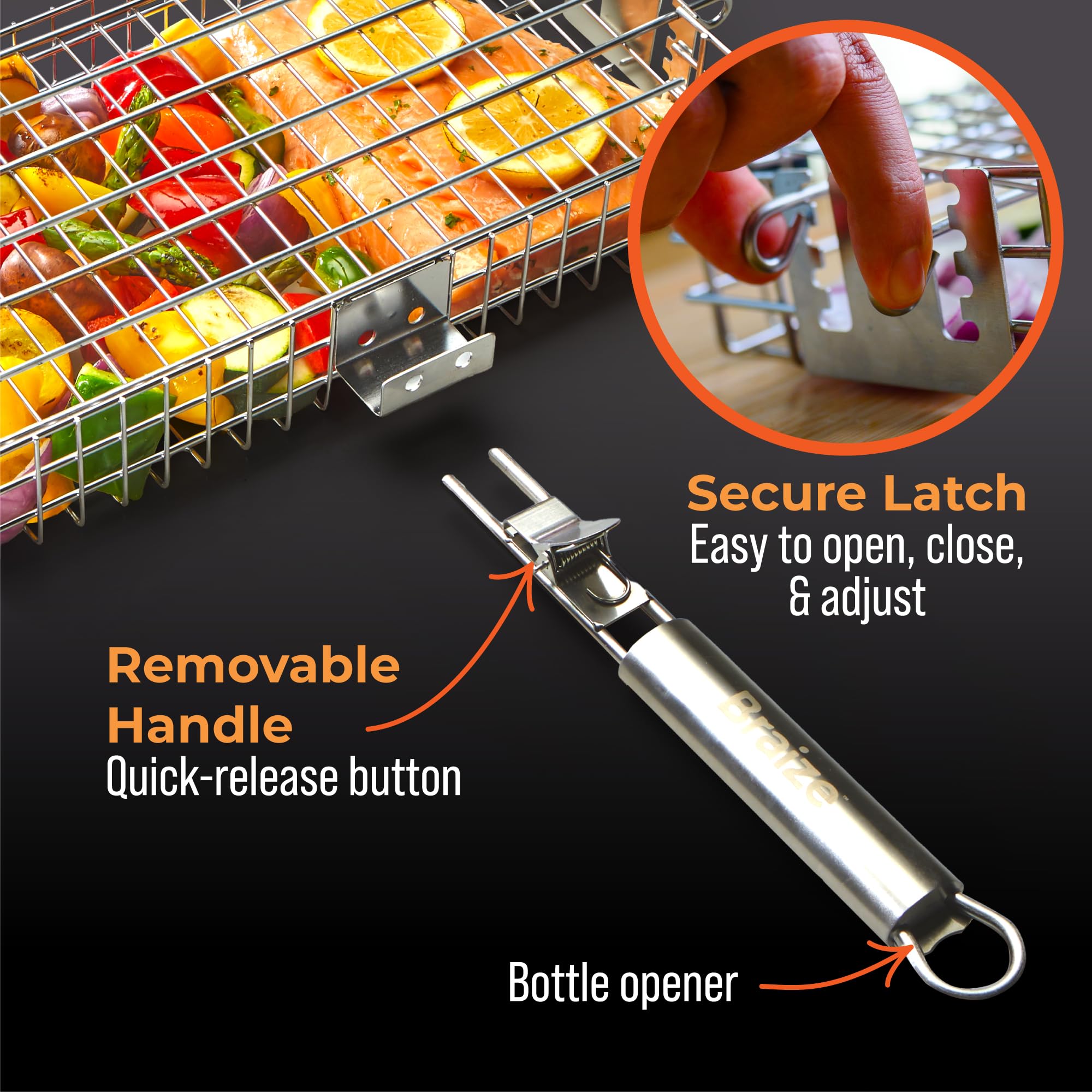 Braize angled view with removable handle detached highlighting compact storage advantage