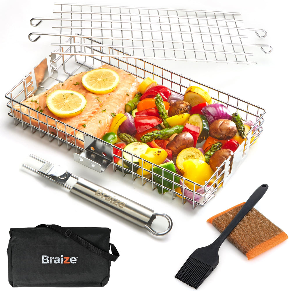 Braize front view of adjustable grill basket showing handle and locking lid for secure grilling