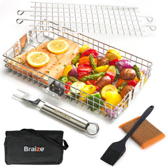 Braize front view of adjustable grill basket showing handle and locking lid for secure grilling