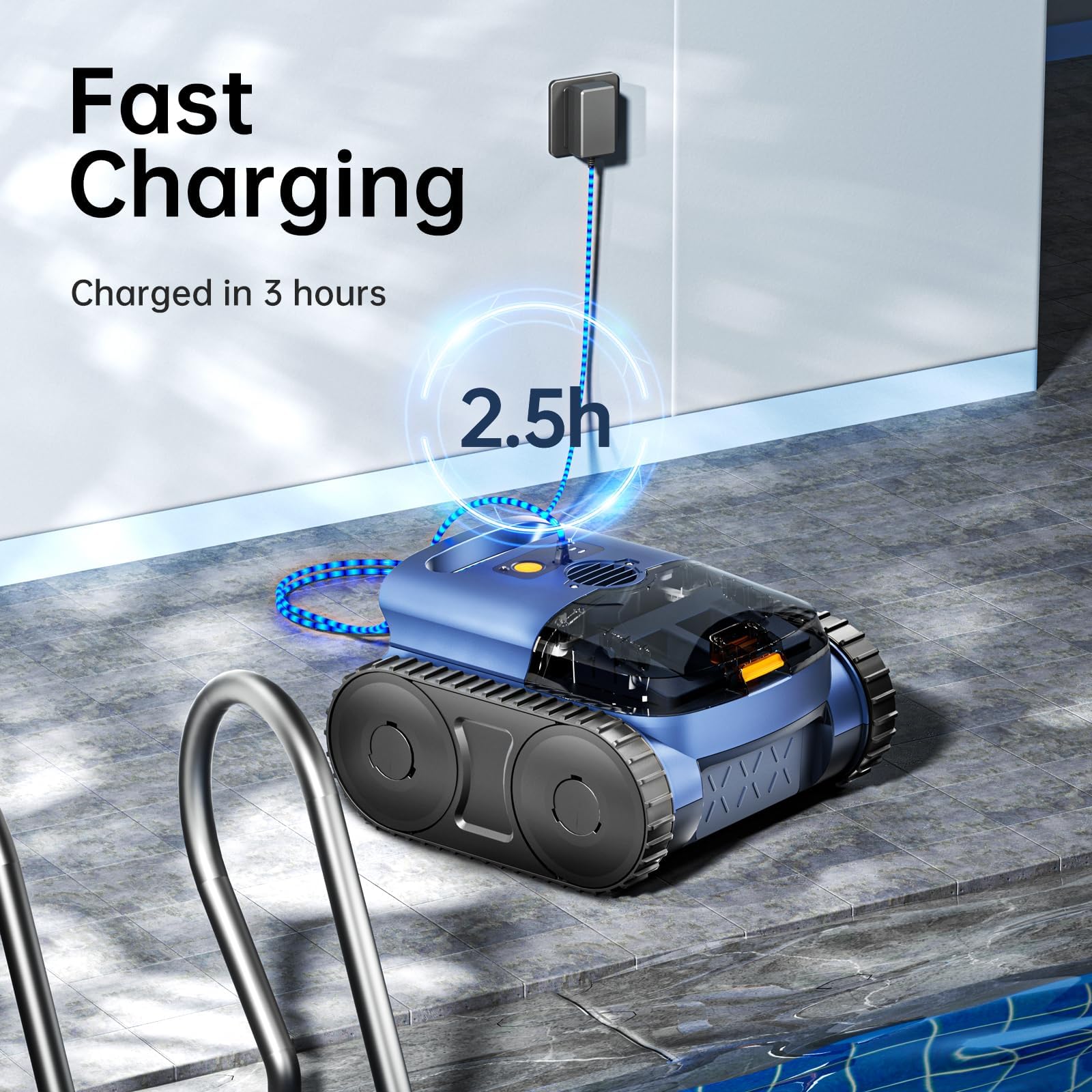 brand lifestyle poolside cleaning scene showing cordless convenience