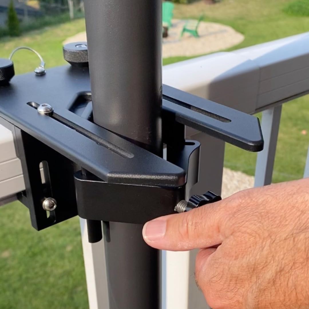 BRANDREW INNOVATIONS Rail-EZ holding a patio umbrella showing shaded outdoor seating benefit