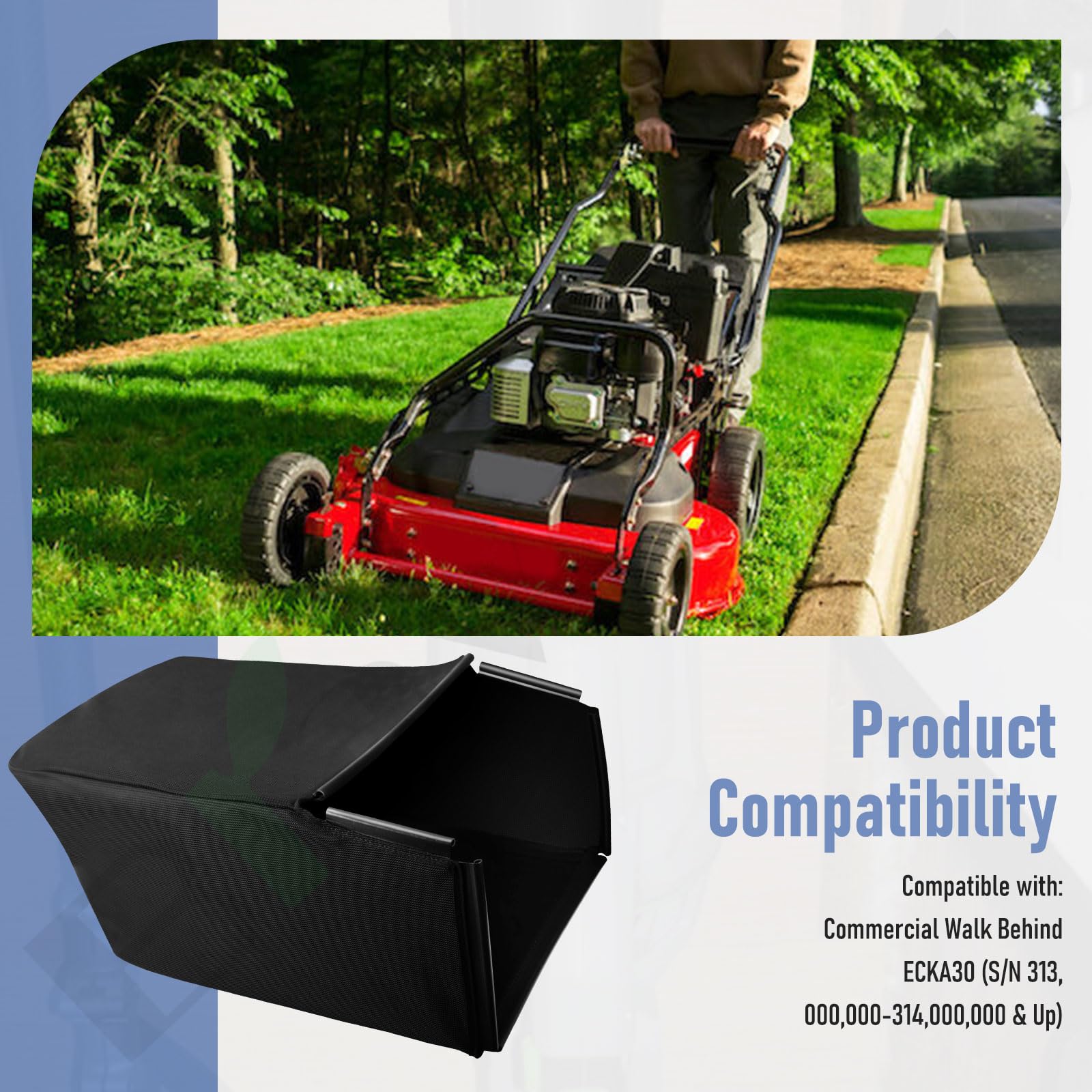 Braveboy bag on mower in maintained lawn setting showing professional cleanup result