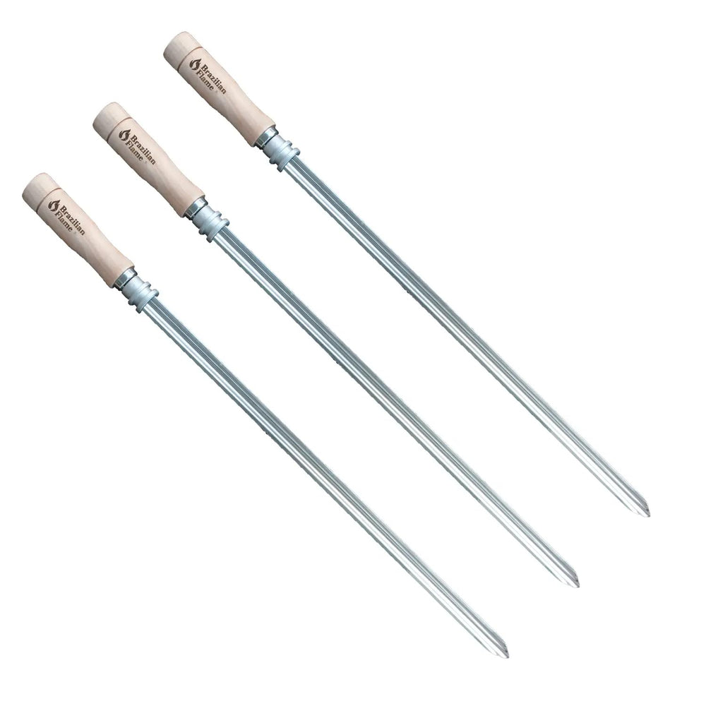Brazilian Flame close-up of flat stainless-steel shaft highlighting secure food hold