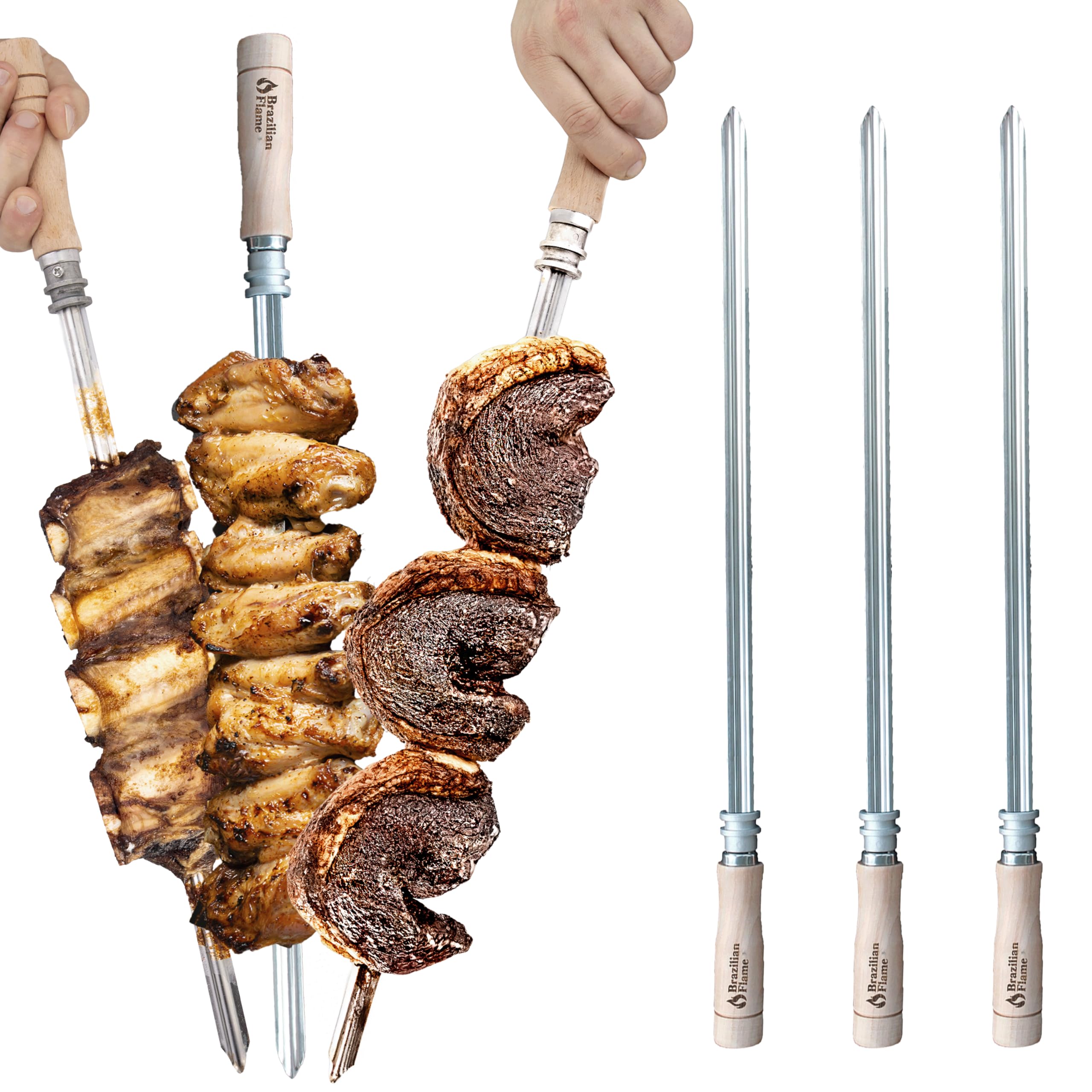 Brazilian Flame front packaging showing three flat rotisserie skewers for stable grilling