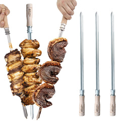 Brazilian Flame front packaging showing three flat rotisserie skewers for stable grilling