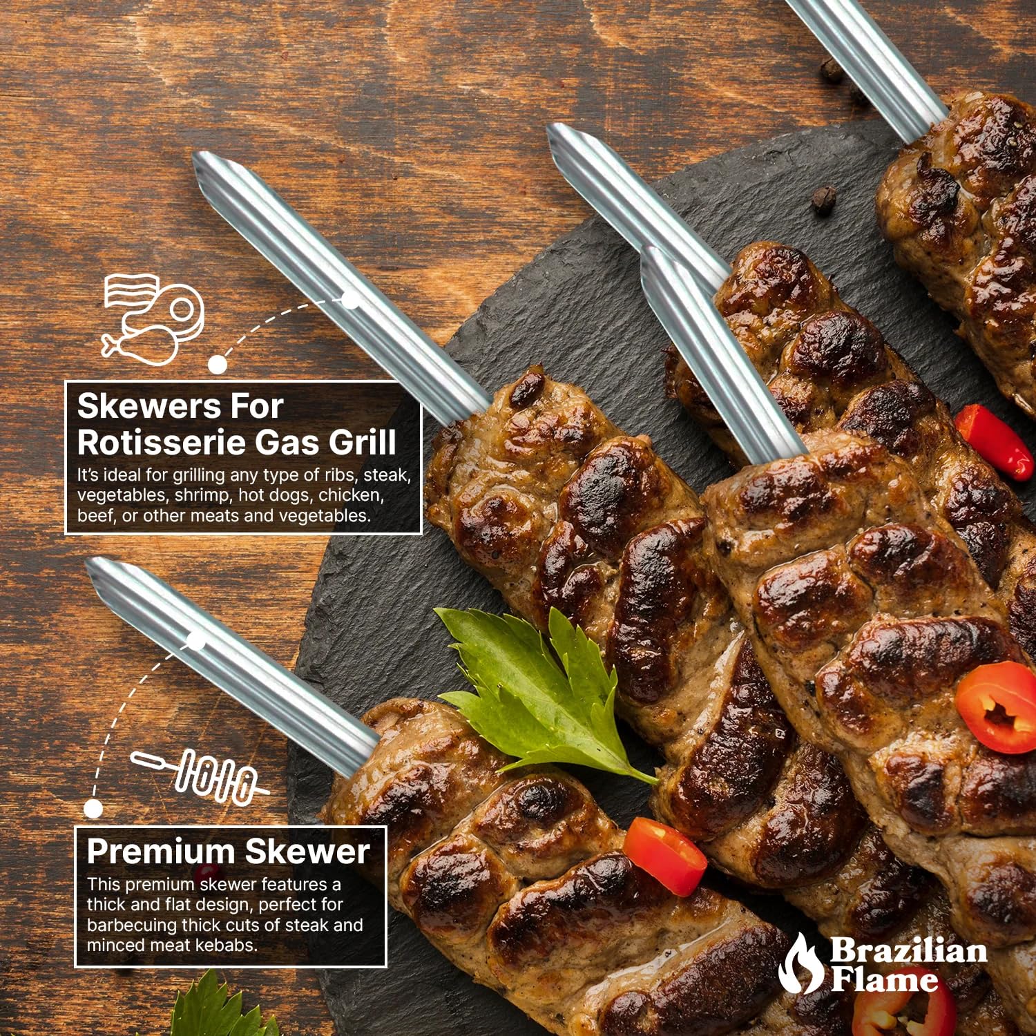 Brazilian Flame skewers fitted in a rotisserie showing steady rotation and consistent heat