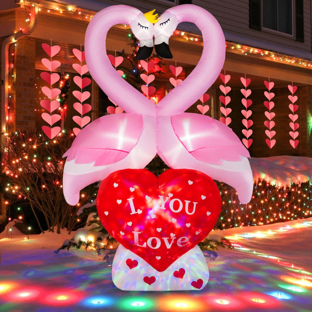 BRDJade front view of swan couple inflatable, bright romantic centerpiece