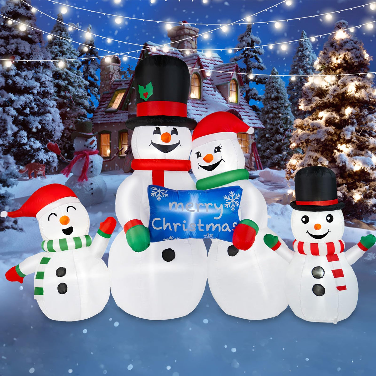 BRDJade front view snowman family lighting up yard for festive curb appeal