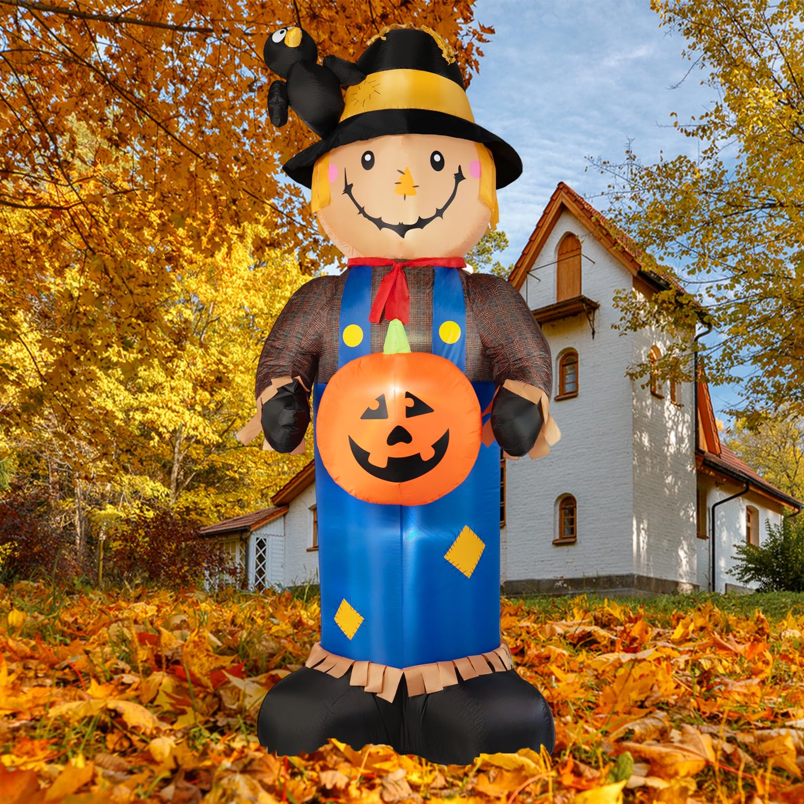 BRDJade front view of 8ft scarecrow showing cheerful design and instant curb appeal