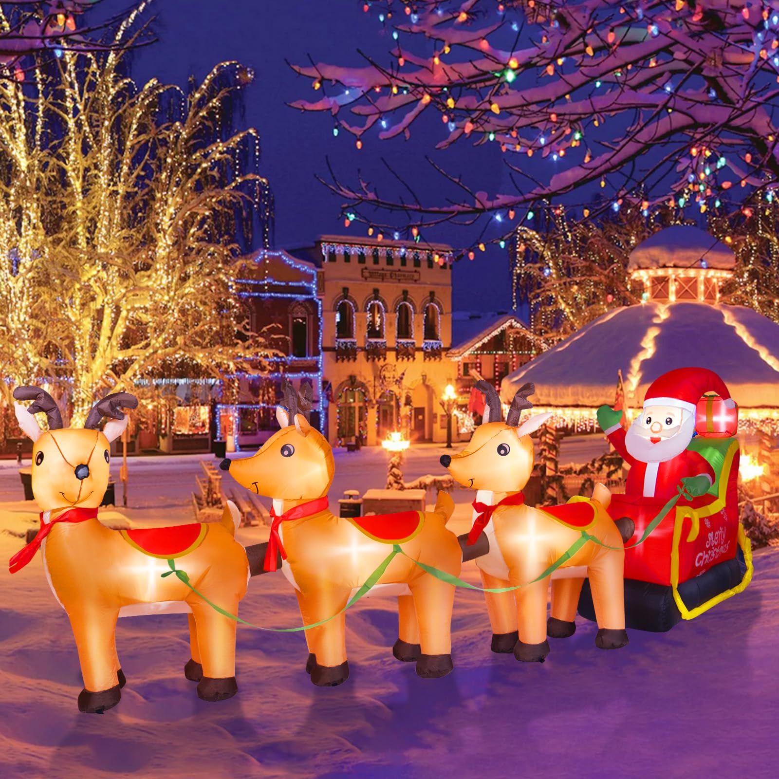 BRDJade front view of 12ft Santa sleigh inflatable showcasing festive display