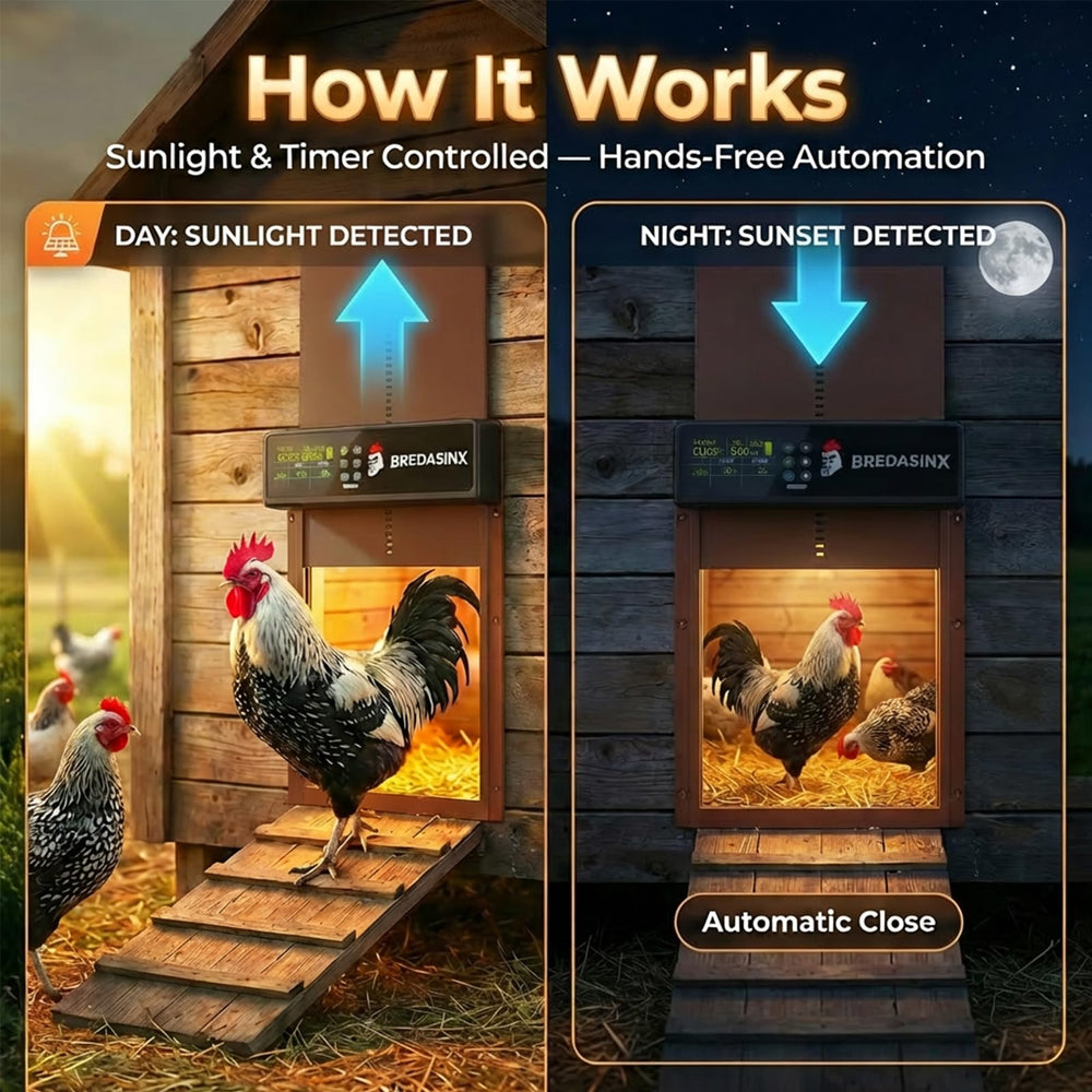BREDASINX door open in coop showing easy chicken access and weather resistance