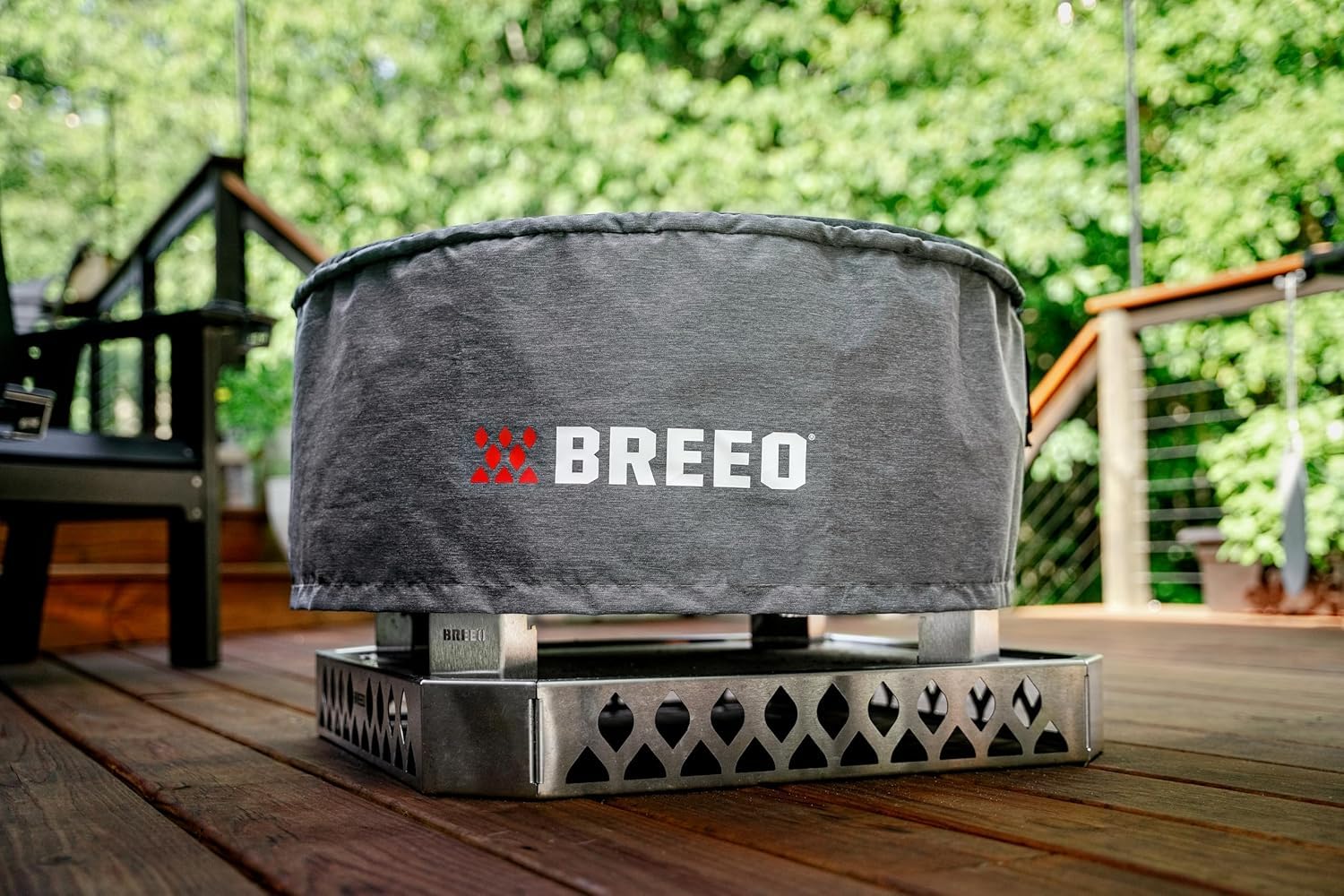 Breeo cover in use on fire pit demonstrating quick protection and neat appearance