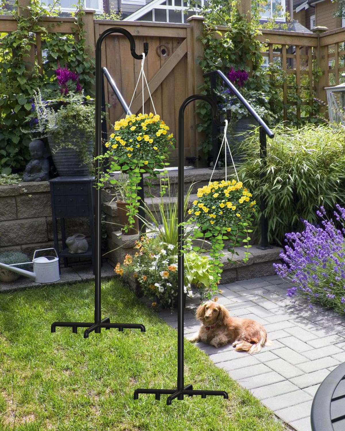 Breeze Touch shepherd hook in a garden with hanging feeder and lantern showing versatile use