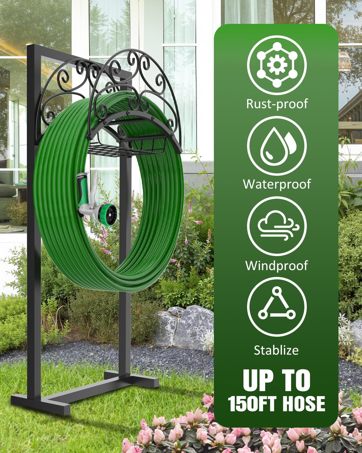 Breeze Touch hose loaded on stand in yard showing tidy hose management