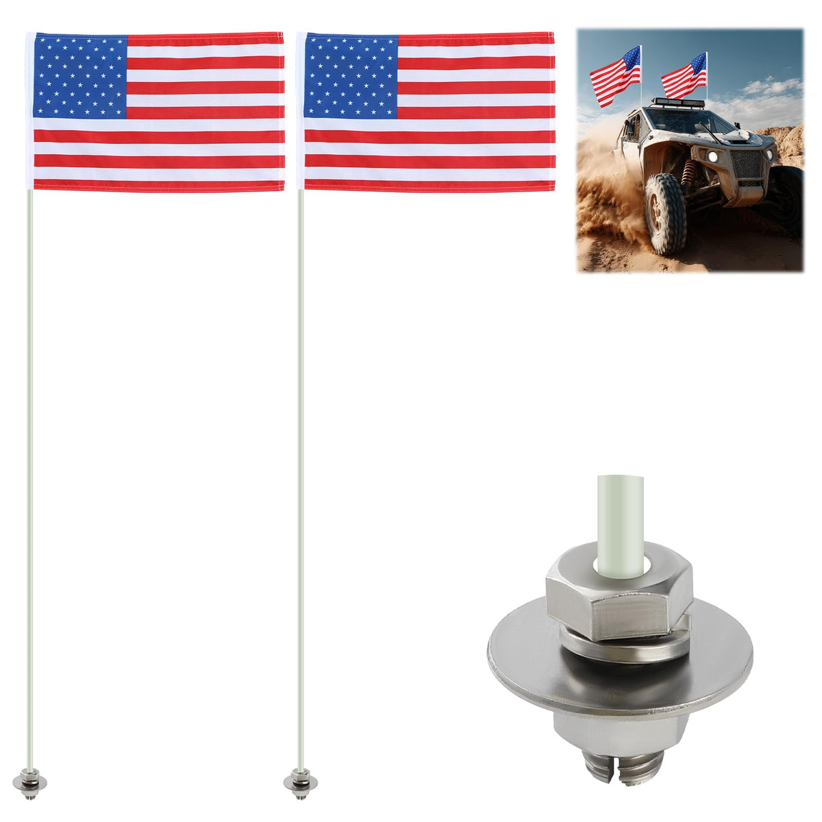 BreezeHug front view of flag set showing poles and ready-to-mount kit for quick use