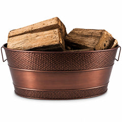 BREKX front view of copper galvanized firewood tub showing tidy storage benefit