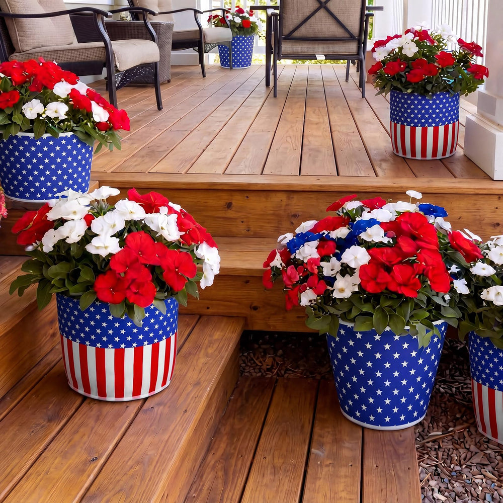 Breling front view of six covered planters showing patriotic curb appeal
