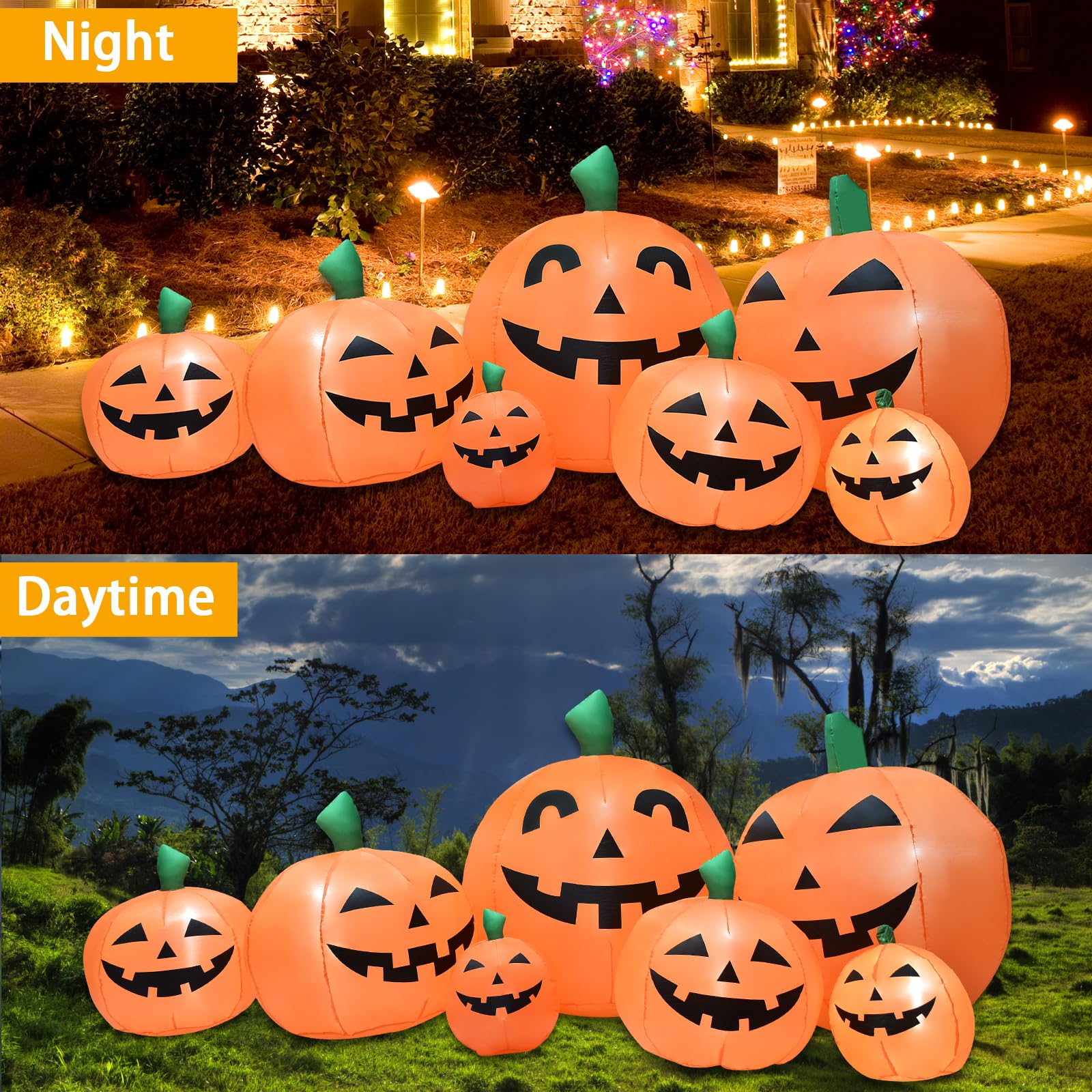 BREONLY inflatable pumpkins lit in a front yard creating festive mood