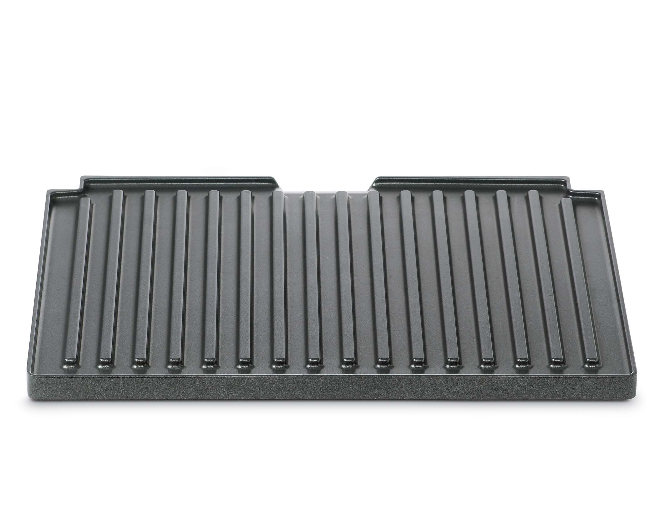 Breville ribbed plate front view showing grill ridges and easy-clean benefit
