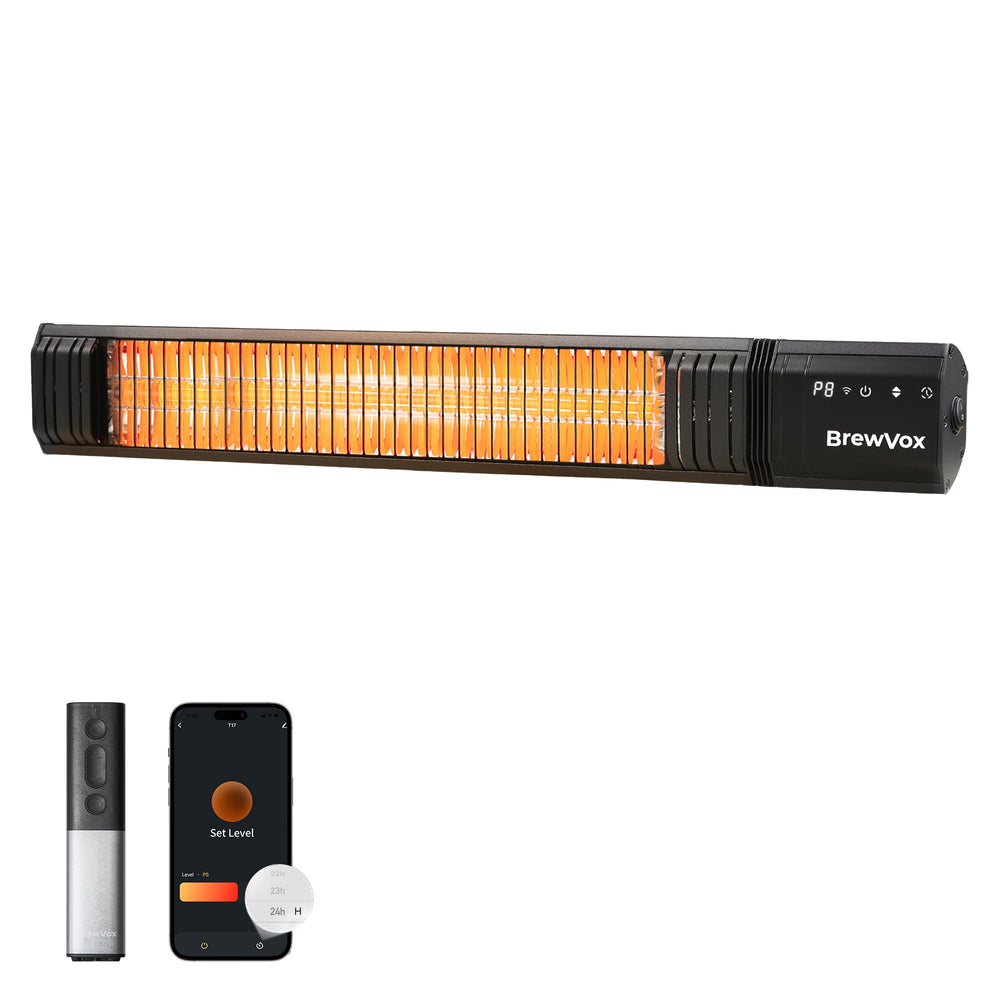 BrewVox front view showing sleek heater and benefits of instant warmth
