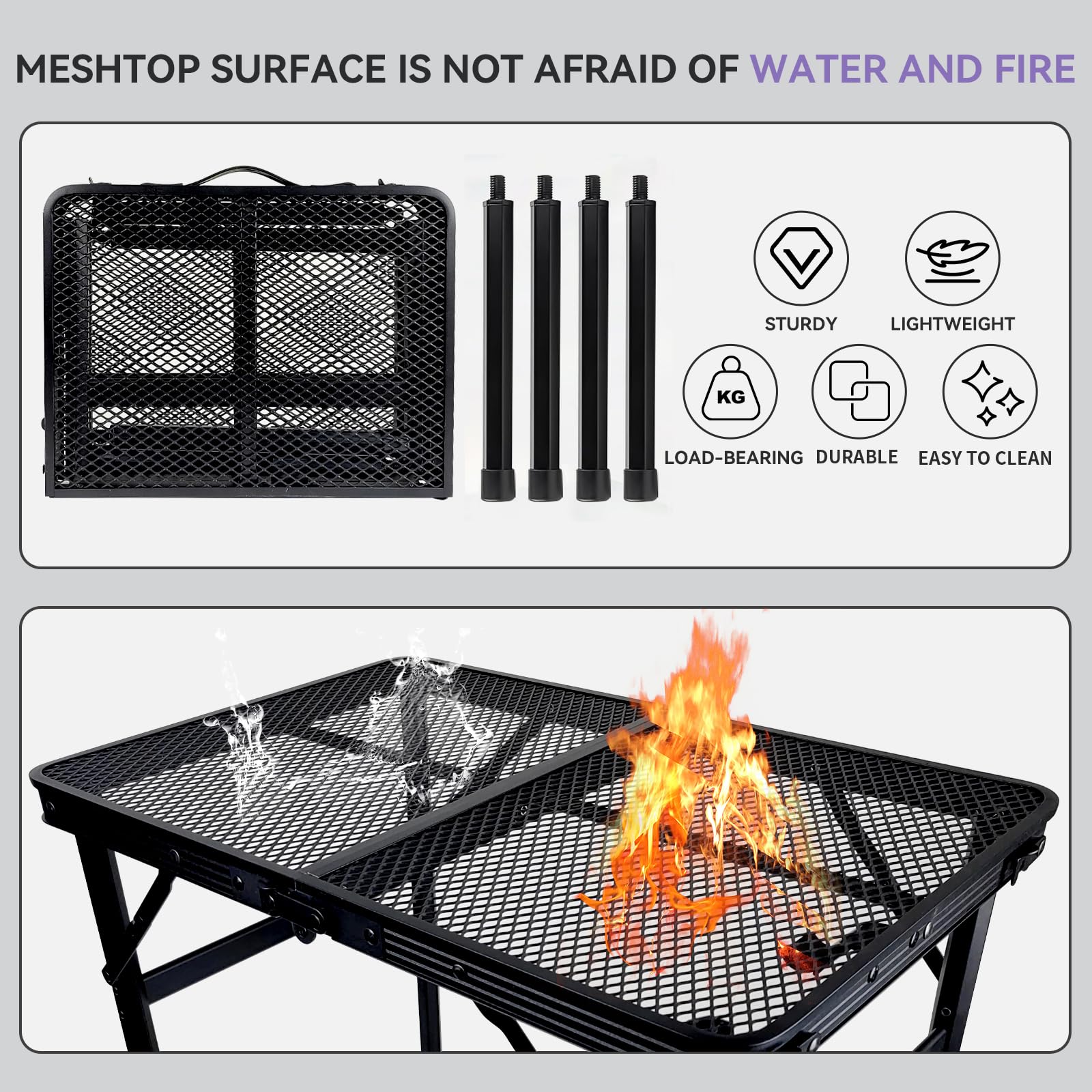 BRIAN & DANY table in use holding a portable grill showing cooking convenience