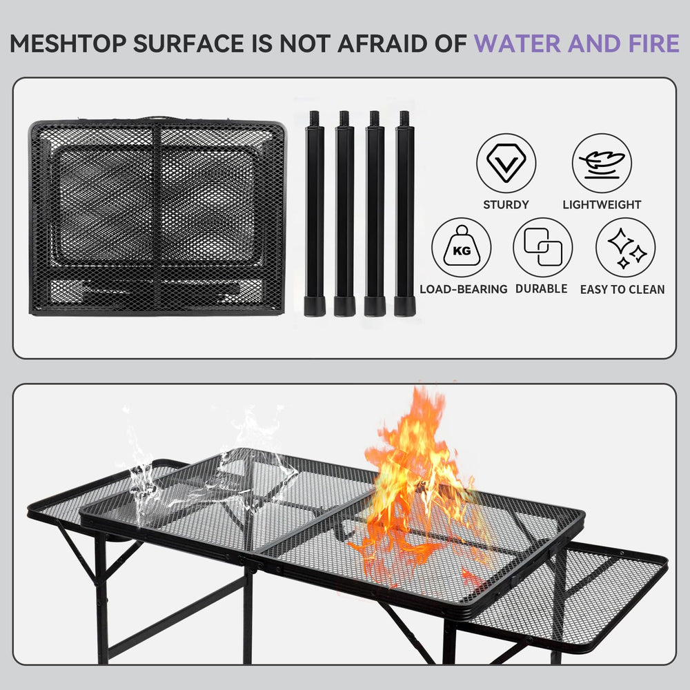 BRIAN & DANY close-up of aluminum grid tabletop highlighting heat resistance and water drainage