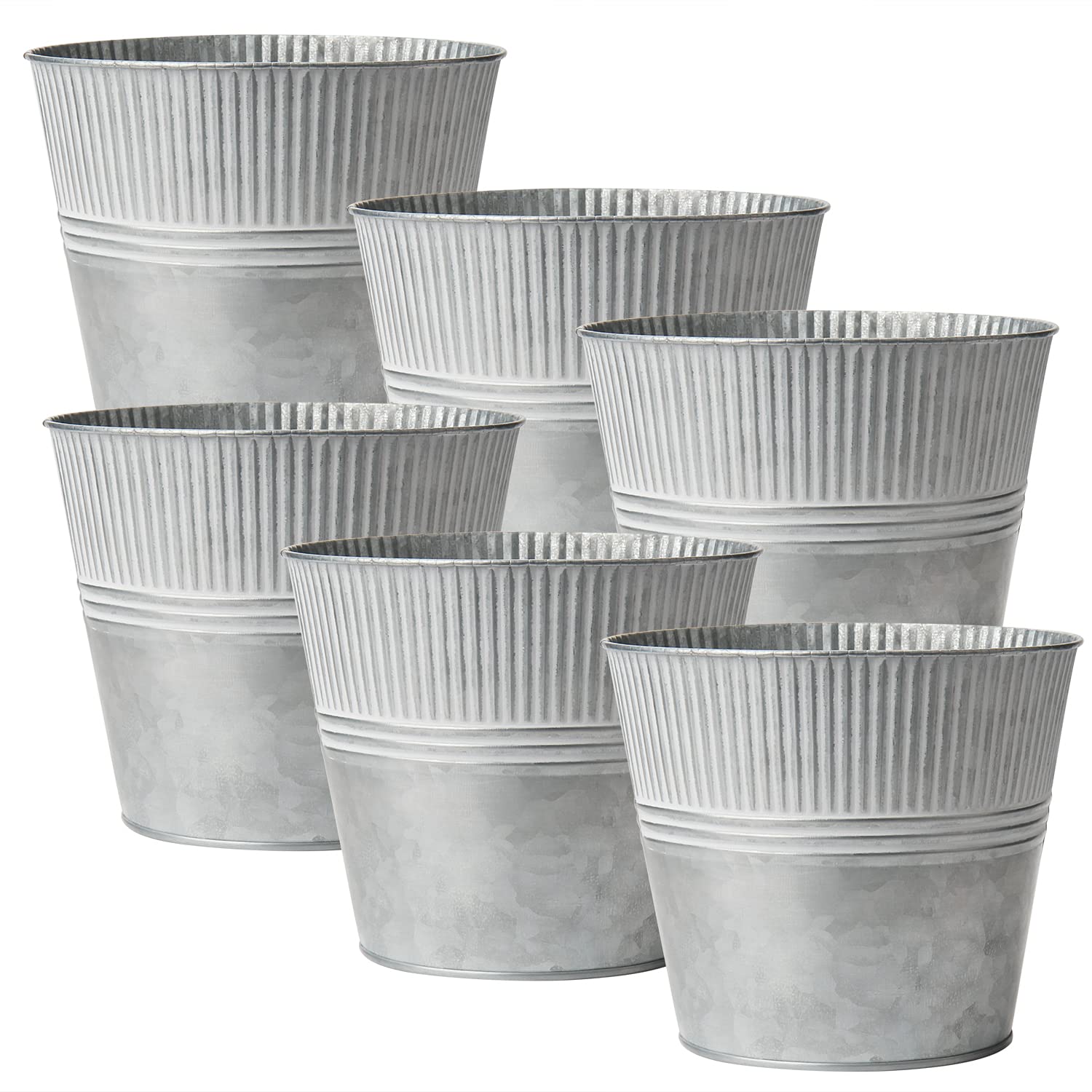 Briful front view of six galvanized planters showing coordinated display benefit