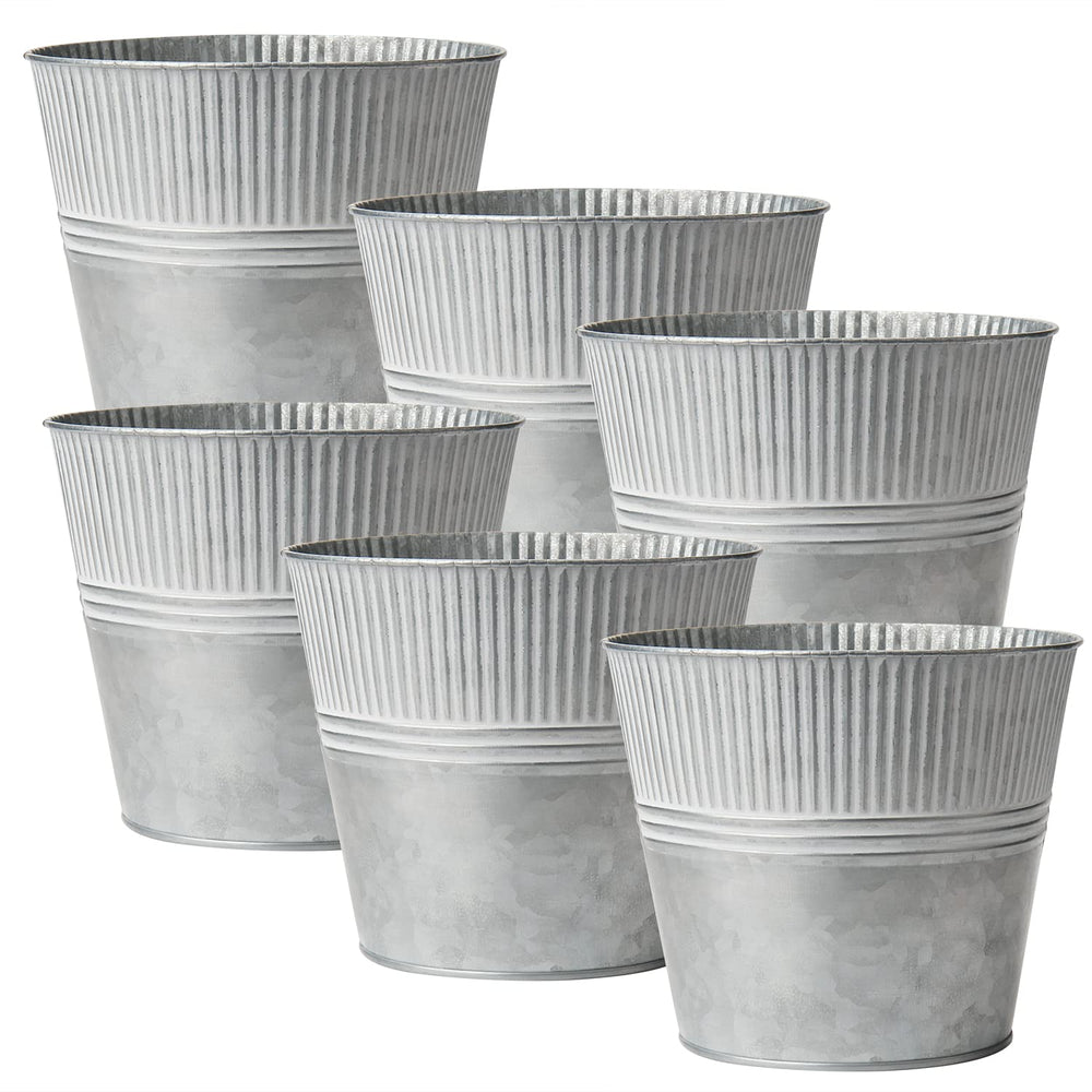 Briful front view of six galvanized planters showing coordinated display benefit