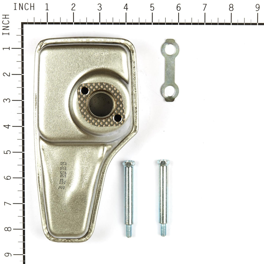 Briggs & Stratton 692038 muffler side profile illustrating shape and mounting points, aids correct fit