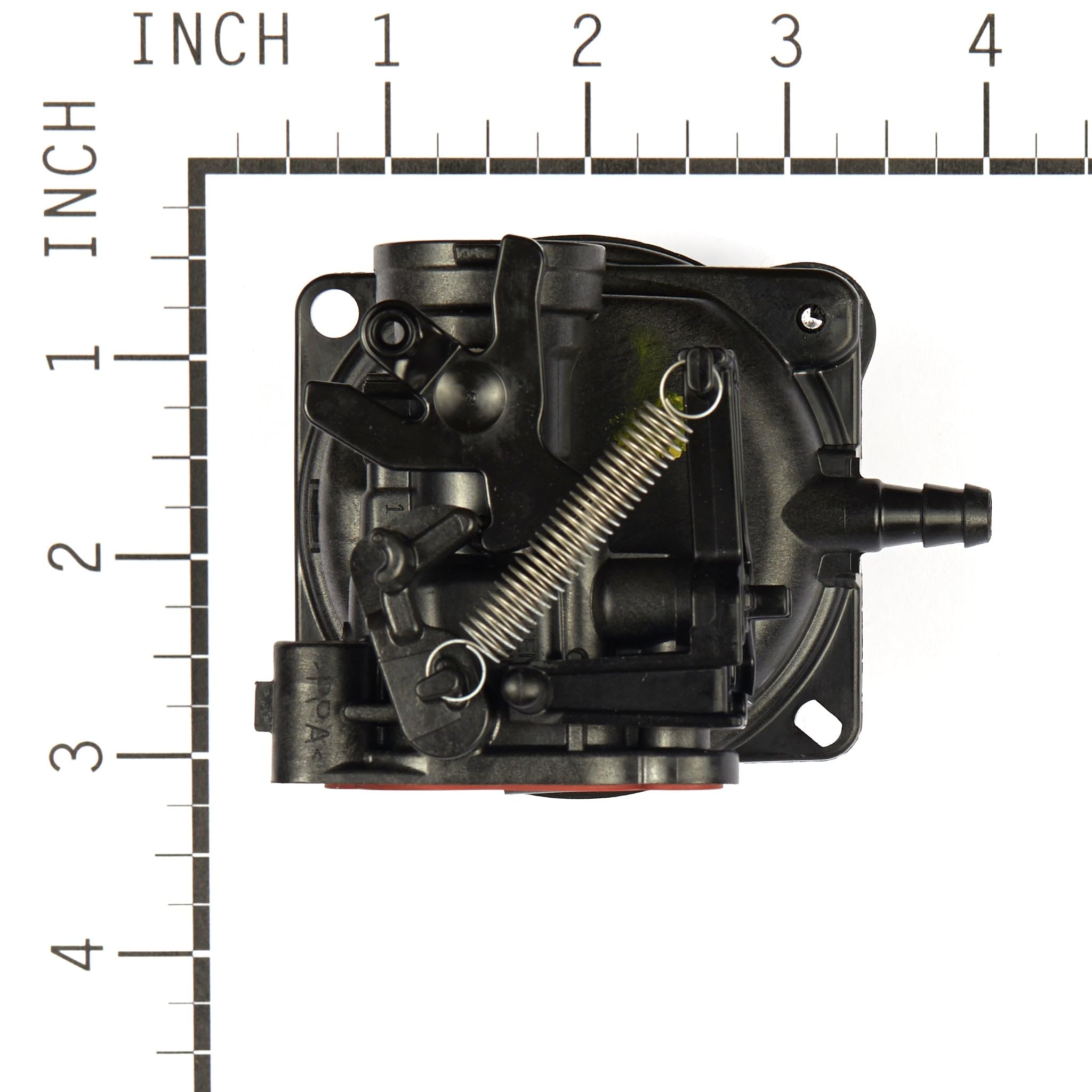 Briggs & Stratton carburetor size comparison with ruler showing compact, accurate dimensions