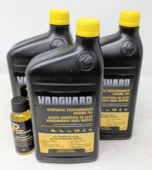 Briggs & Stratton front pack showing three 15W-50 quarts and fuel treatment, simplifies maintenance