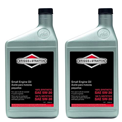 Briggs & Stratton oil bottles next to lawn mower during maintenance for correct oil use