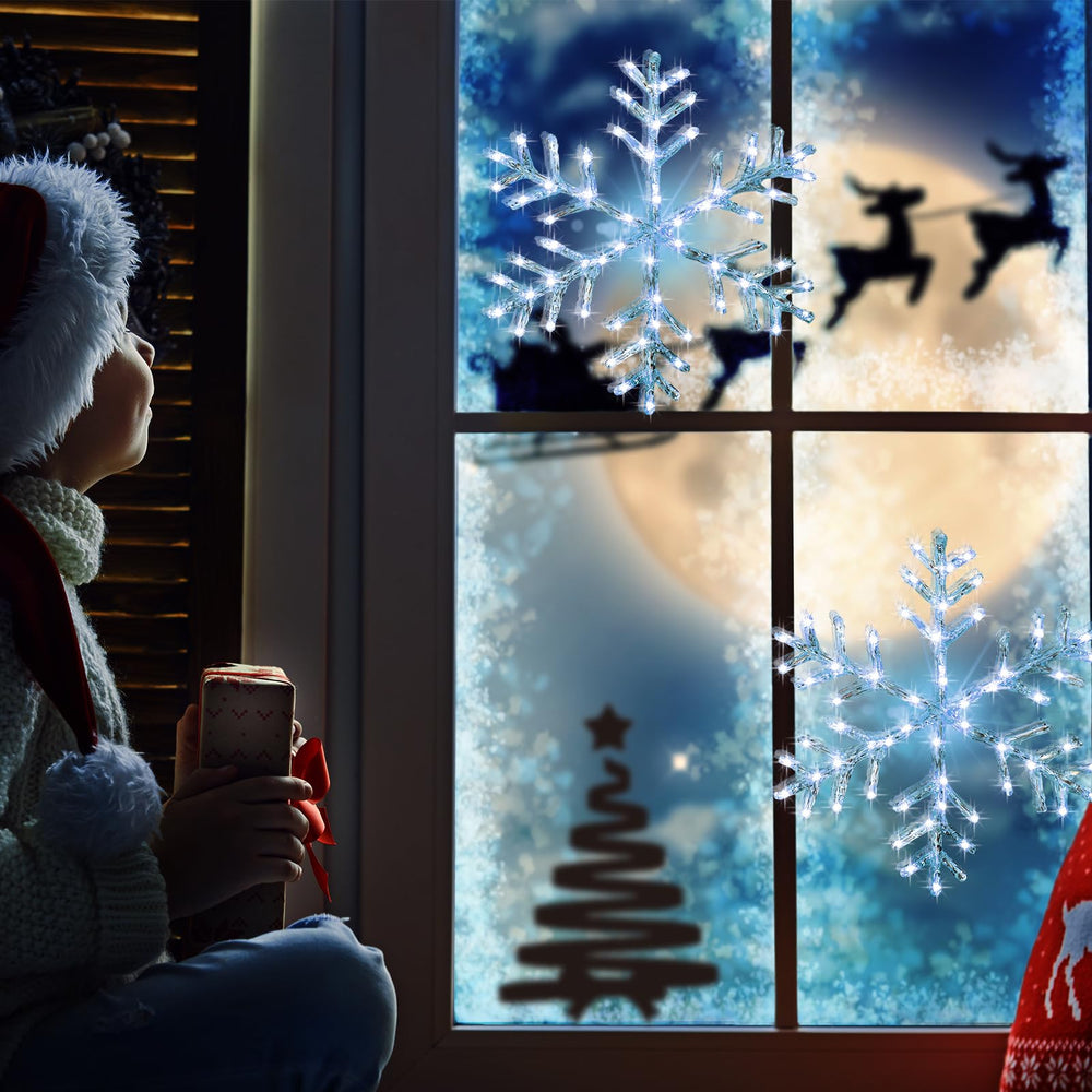 BRIGHTDECK snowflake hung in a window creating cozy festive ambiance benefit