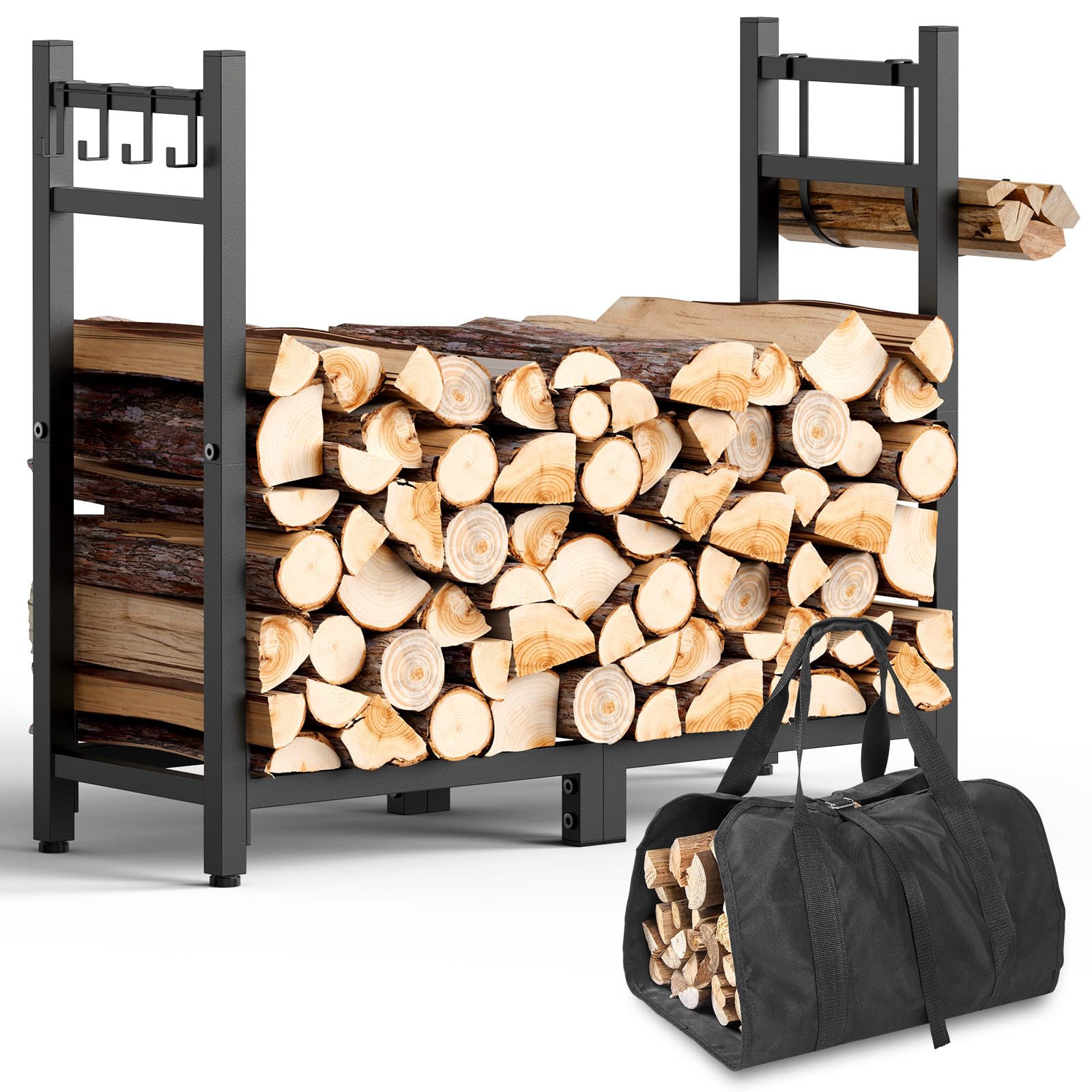 Brightown front view of 34-inch firewood rack showing neat stacked storage and durable finish
