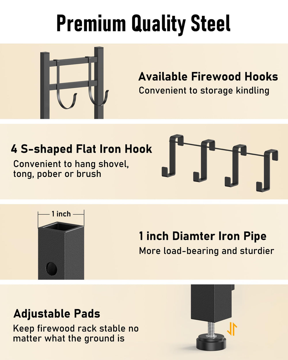Brightown removable hooks and tool hangers displayed, organize kindling and fireplace tools