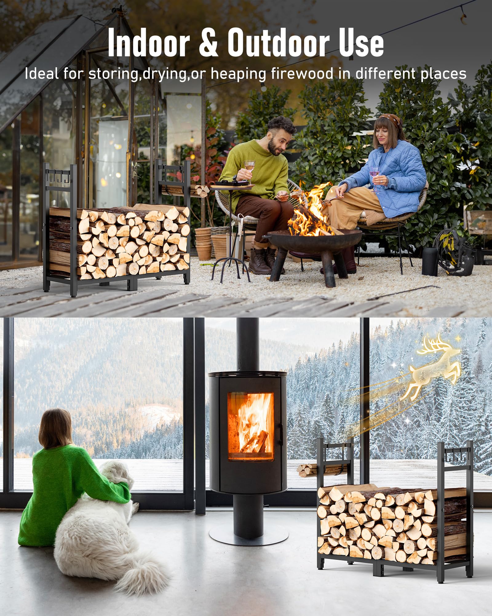 Brightown rack fully loaded with split firewood, supports heavy stacks and improves accessibility