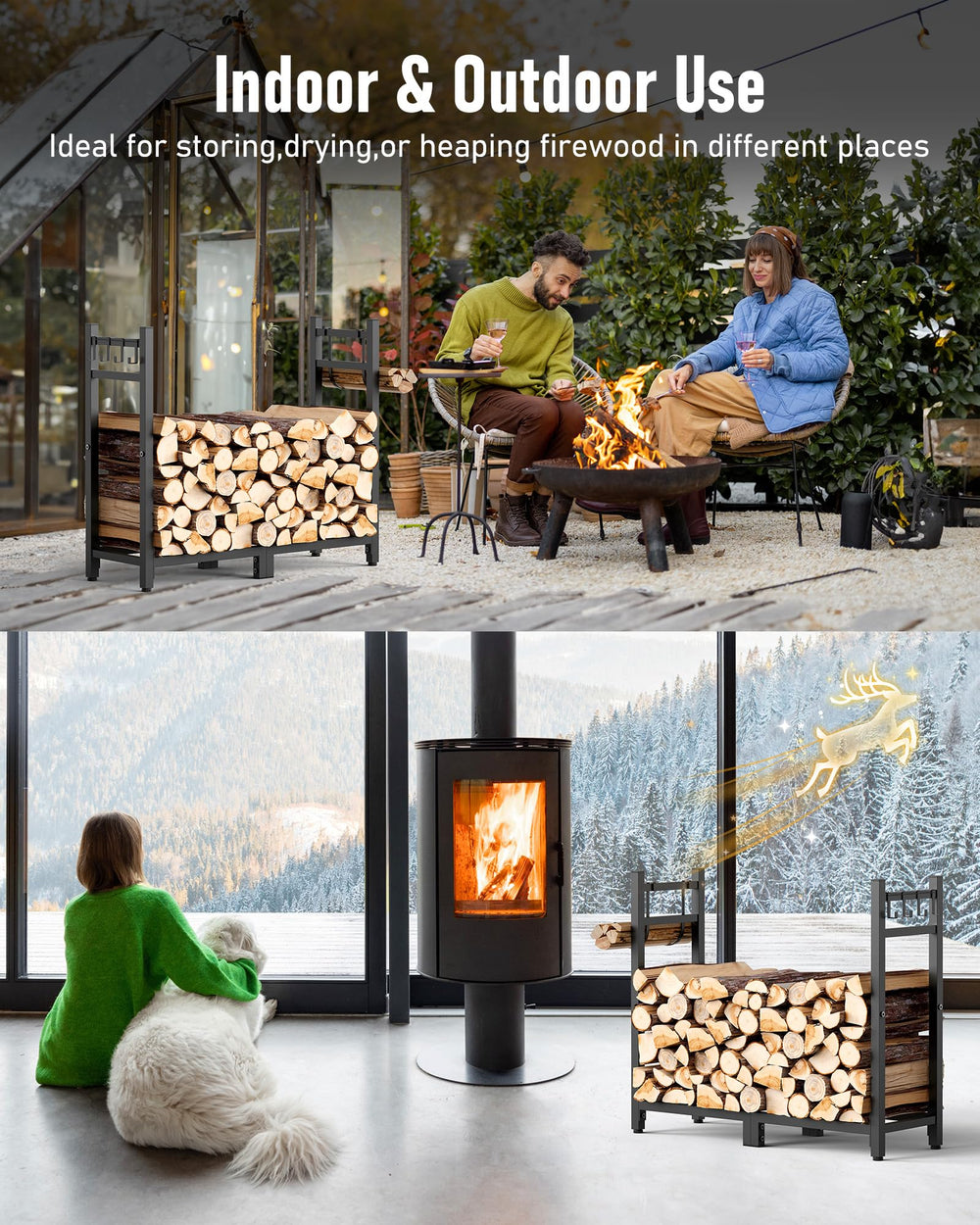 Brightown rack fully loaded with split firewood, supports heavy stacks and improves accessibility