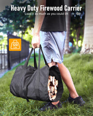 Brightown waxed canvas log carrier beside rack, easy to carry logs without mess