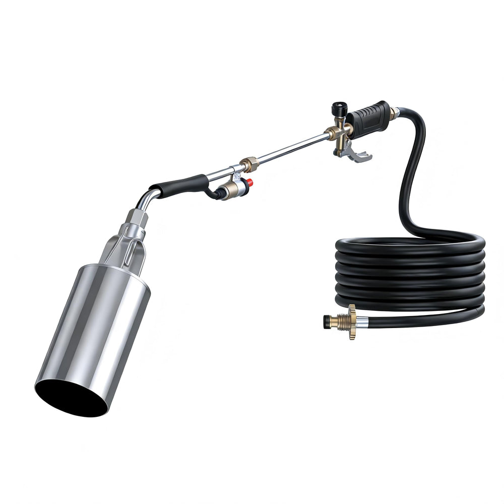 Brightpik torch front view showing wand and hose for safer upright weed control