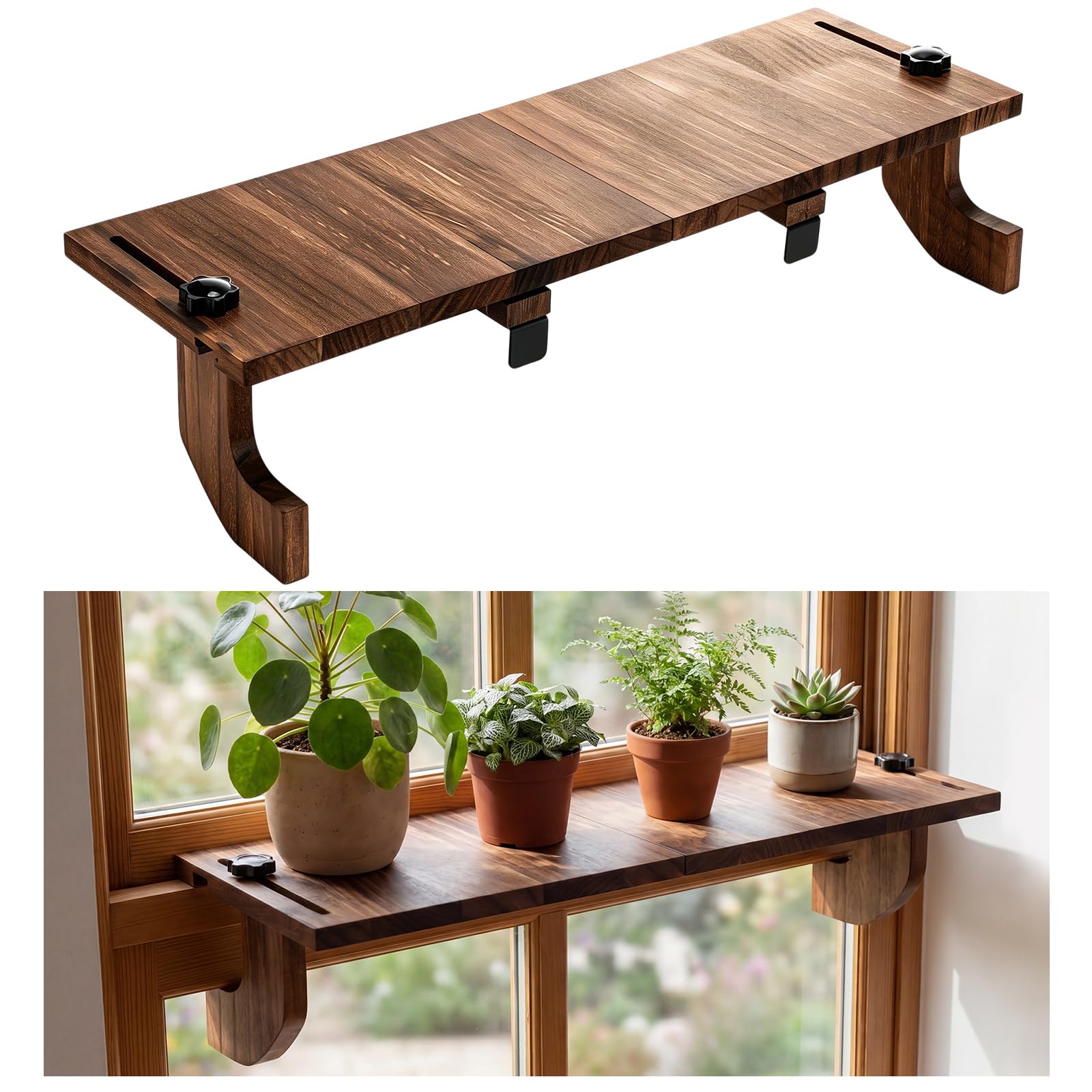 BrightRow front view of brown window plant shelf showing clean finish and benefit of added display space
