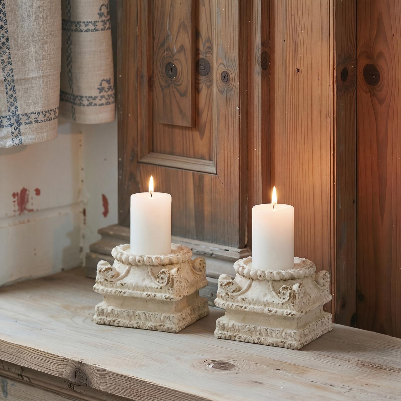 BrightRow pedestals styled on a mantel to show scale and layered home decor benefit